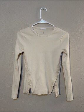 Zara Cream Long Sleeve Ribbed Top with Side Button Detail